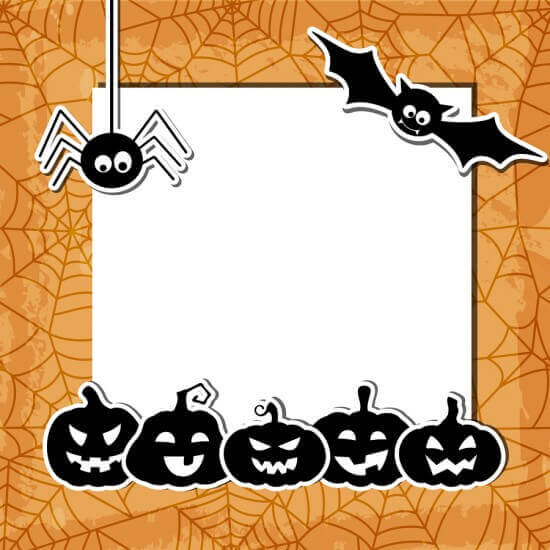 Halloween grunge background with black pumpkins, bat, spider and