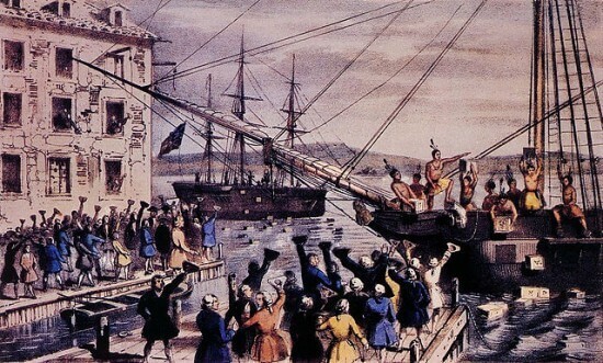 "The Destruction of Tea at Boston Harbor", lithograph depicting the 1773 Boston Tea Party , by Nathaniel Currier