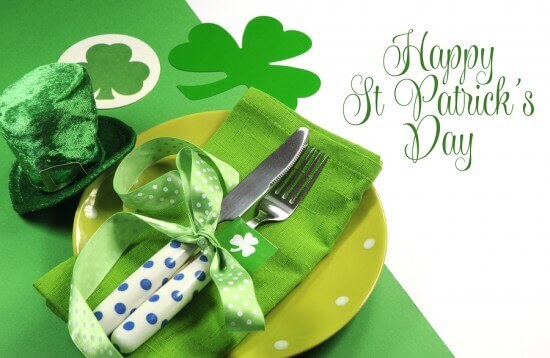 Happy St Patricks Day Table Setting With Shamrocks And Leprechau